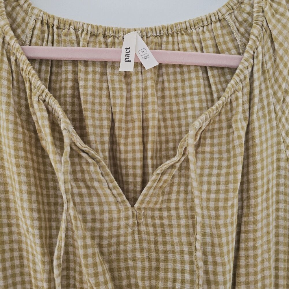 Pact Gingham Midi Dress Sz M Coastal Double Gauze Boho Olive Green Gold Cotton - Picture 4 of 12